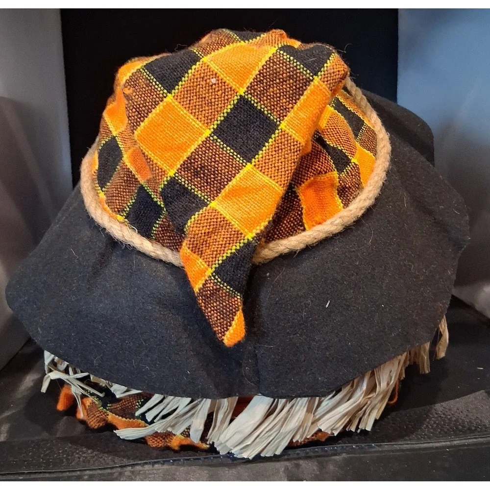Vintage Halloween Scarecrow Pumpkin Light Jack-O-Lantern Plaid Hat 8.5